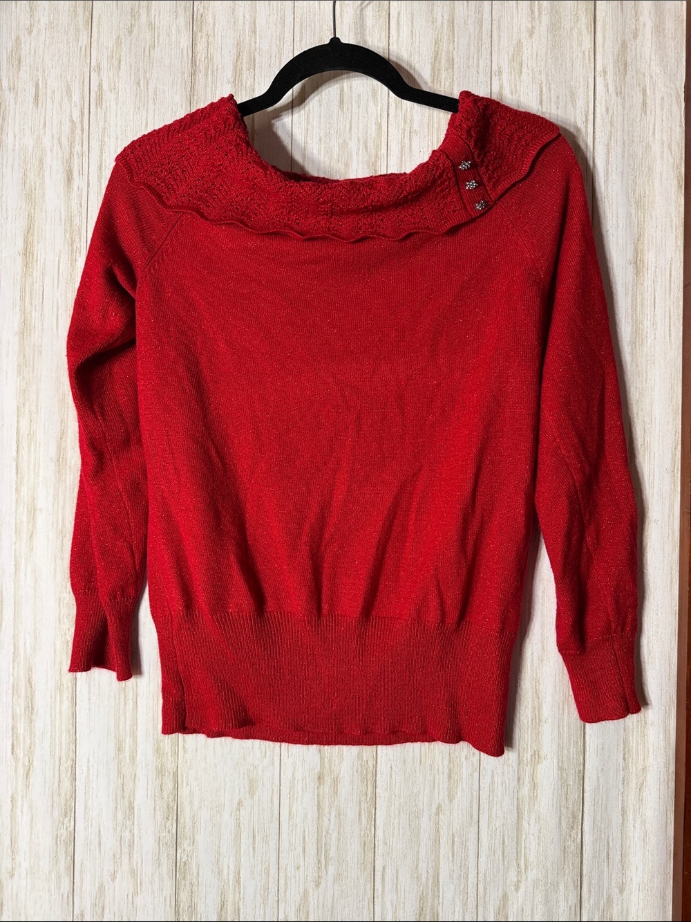 Sag Harbor Deep Red Sparkle Knit Sweater with Scallop Collar and Button Detail